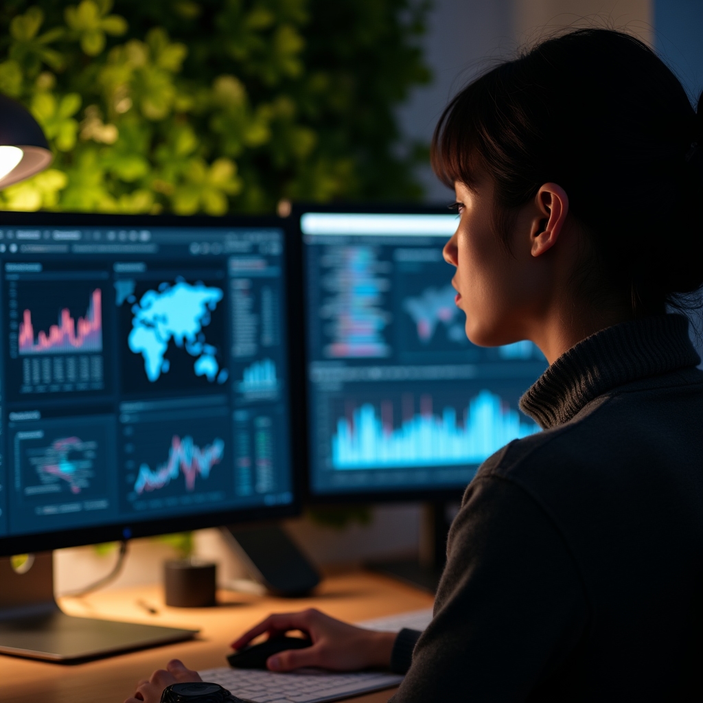 SEO consultant analyzing backlink profile data on dual monitors, close-up perspective with selective focus, modern green office