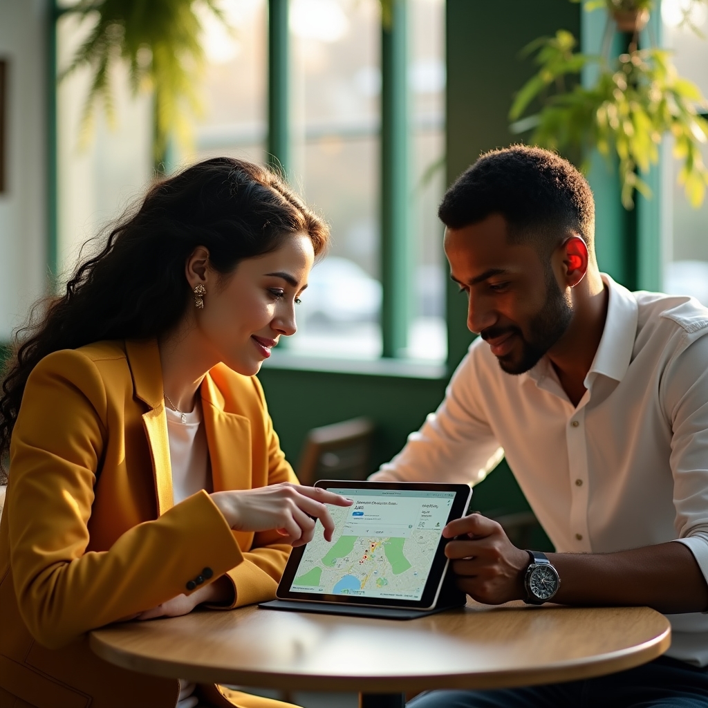 Local SEO consultant discussing Google Business Profile strategy with small business owner in warm-lit sustainable workspace
