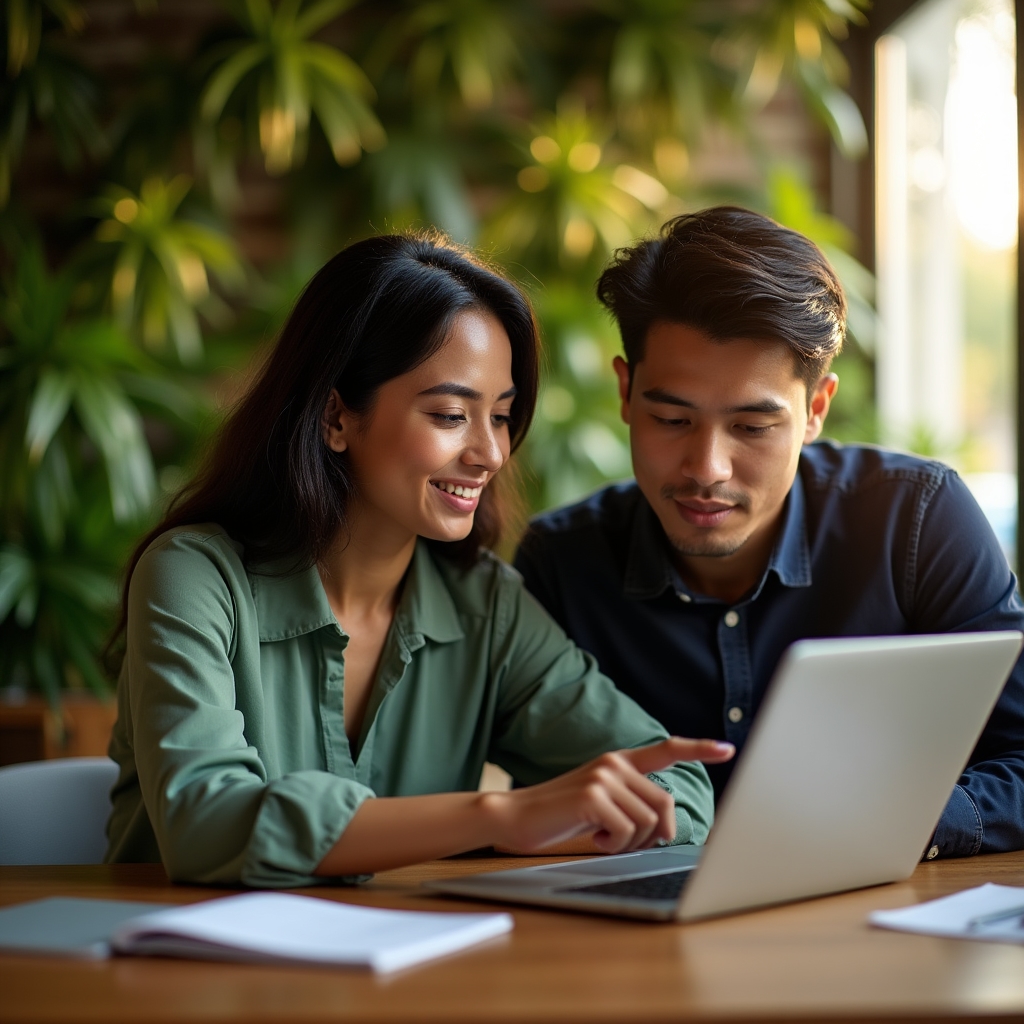 SEO consultant and small business owner reviewing search data together at a modern desk with living plant wall behind them