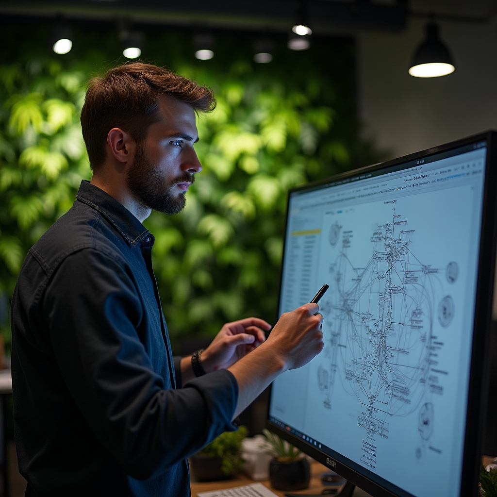 Technical SEO specialist reviewing site architecture diagrams in a modern eco-friendly office with natural light and living wall